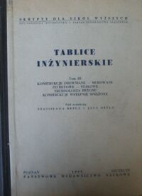 Miniatura okładki Bryl Stanisław, Bryl Jan /red./ Tablice inżynierskie. Tom III. Konstrukcje drewniane - murowane. Żelbetowe - stalowe. Technologia betonu. Konstrukcje wstępnie sprężone.